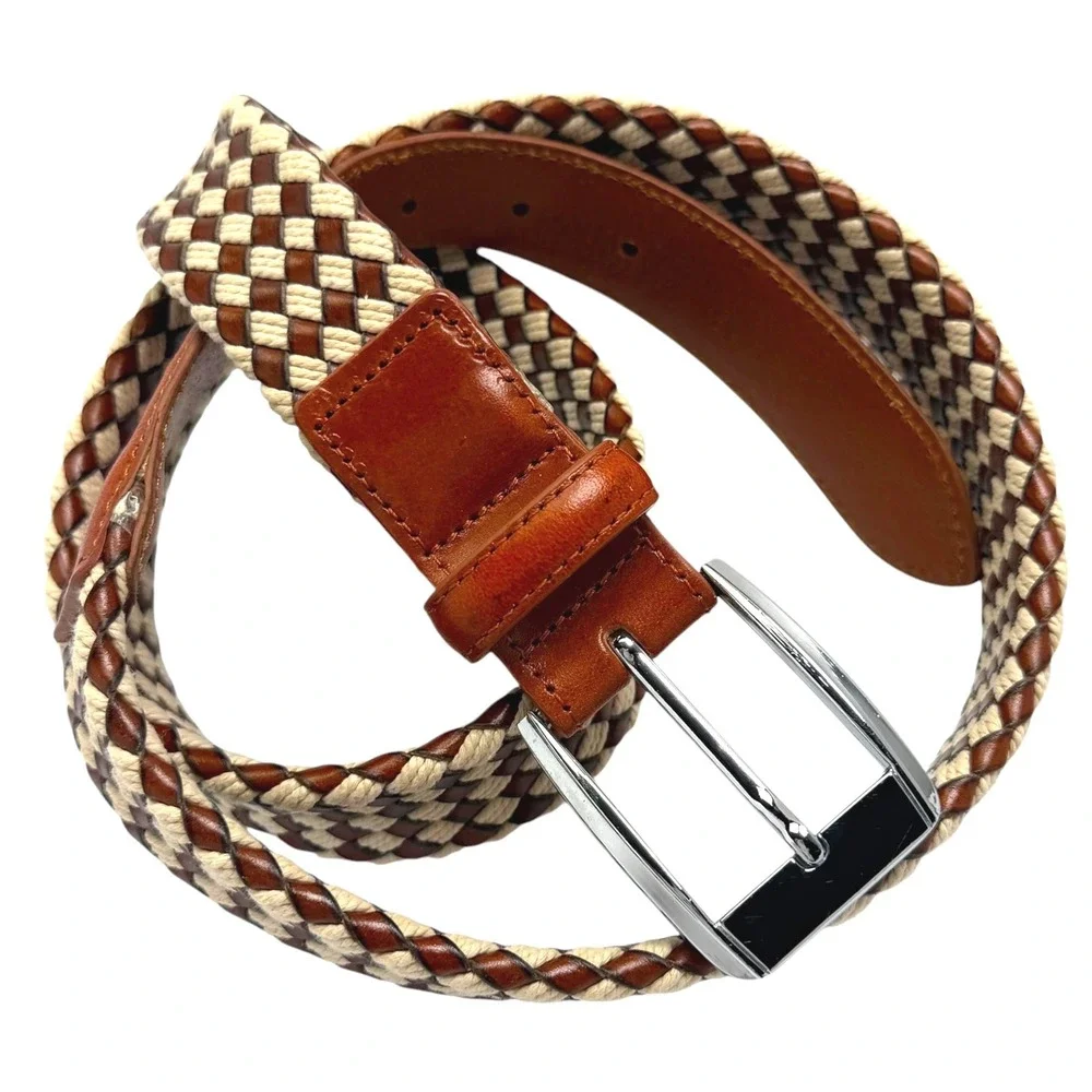 Beverly Hills Polo Club Braided‎ Leather Belt Mens 42 Woven Brown Cream Rope